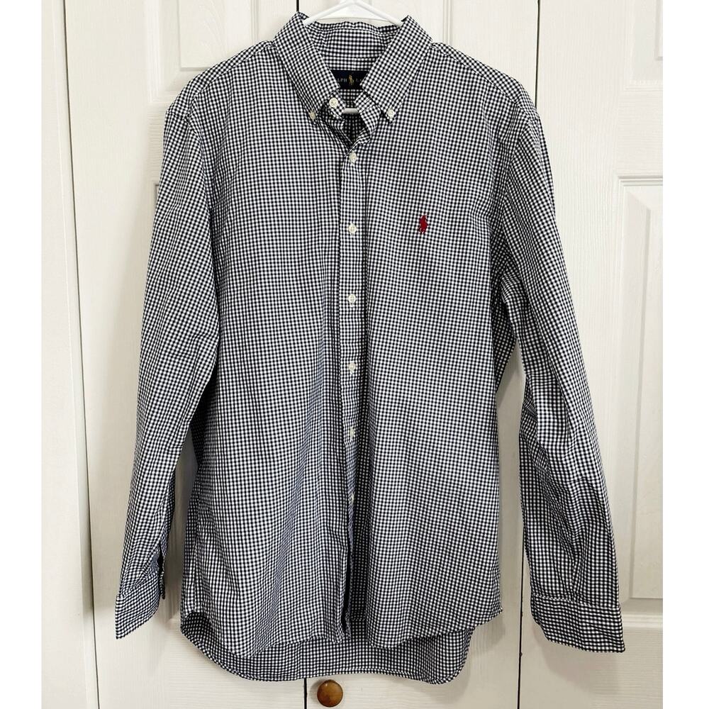 Ralph Lauren Blue and White Gingham Pony Logo Button Down Shirt Size Large